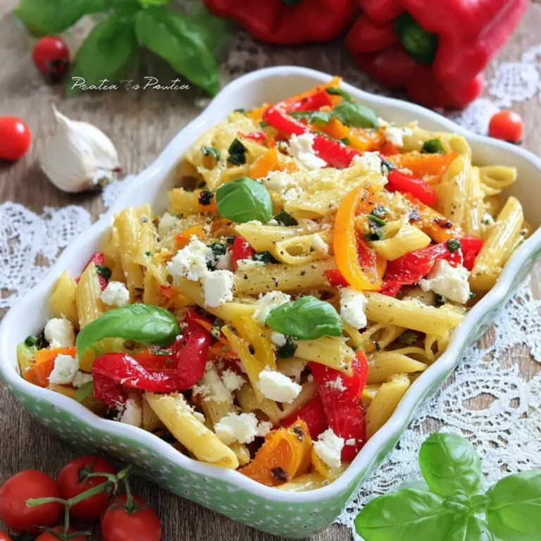 Insalata di pasta con peperoni, feta e basilico