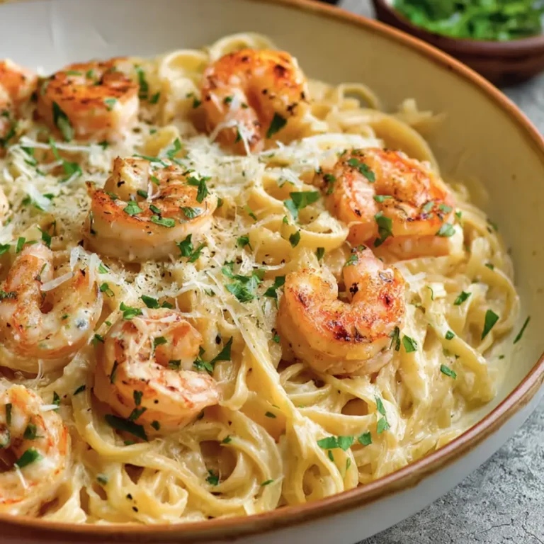 Pasta cremosa all'aglio con gamberi scampi