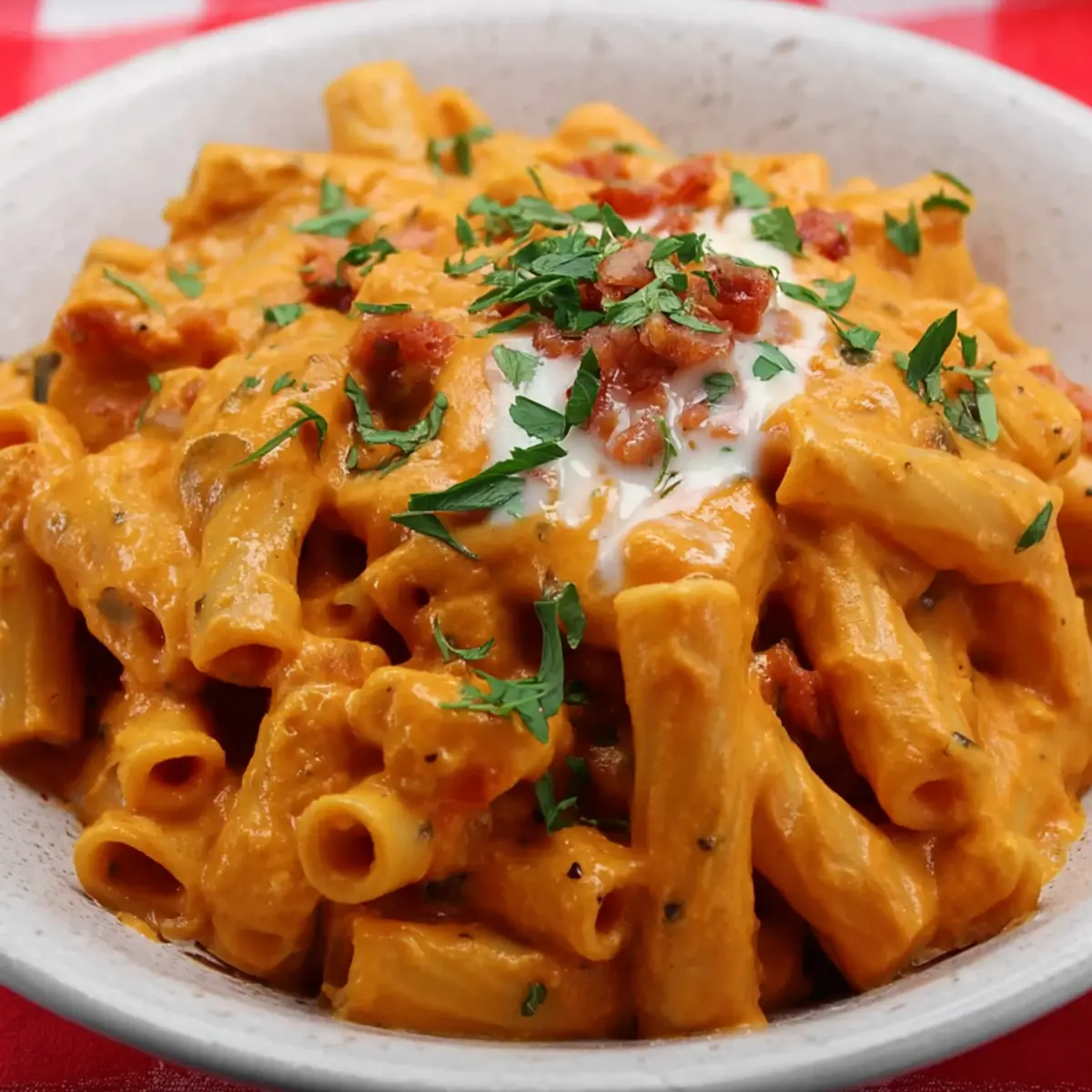 Sedani rigati con crema di peperoni, panna e pancetta