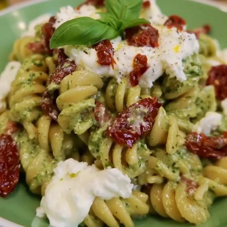 Pasta fredda con basilico, burrata e pomodori secchi
