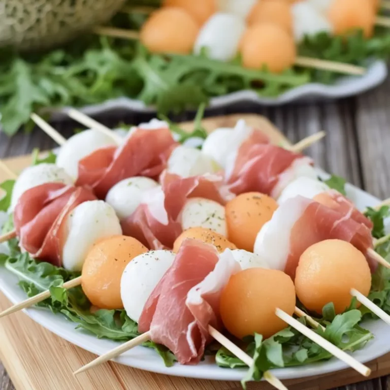 Spiedini di prosciutto e melone con mozzarella