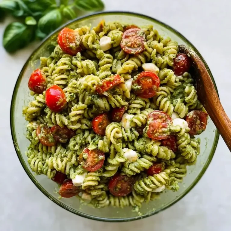 Insalata di pasta al pesto con pomodorini, mozzarella fresca e basilico
