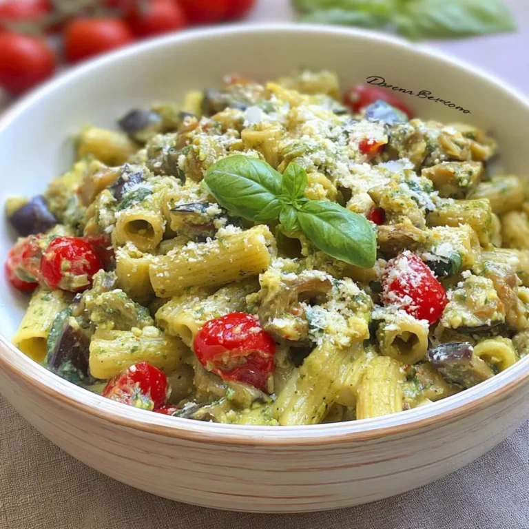 Pasta con melanzane e salsa al basilico