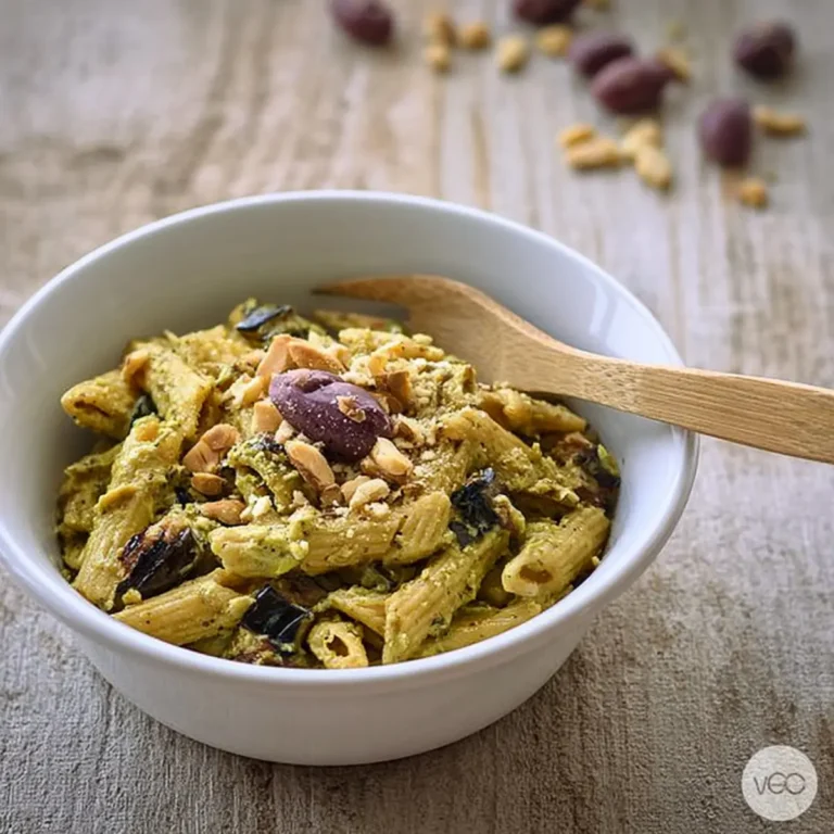 Pasta fredda con melanzane grigliate, olive e pesto alle mandorle