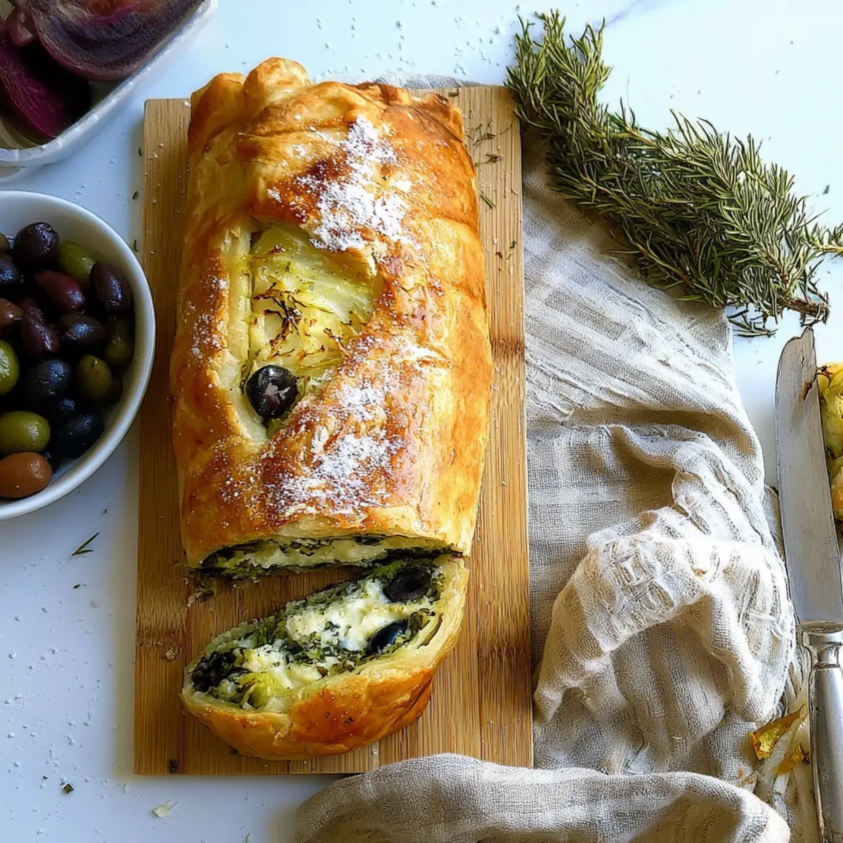 Strudel di verza, scarola, crescenza e olive