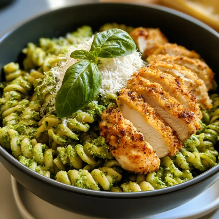 Pasta al pesto con pollo croccante al parmigiano
