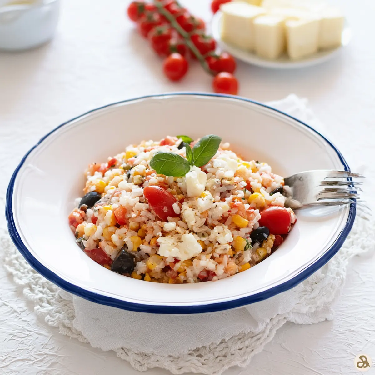 Riso freddo con pomodorini olive e formaggio