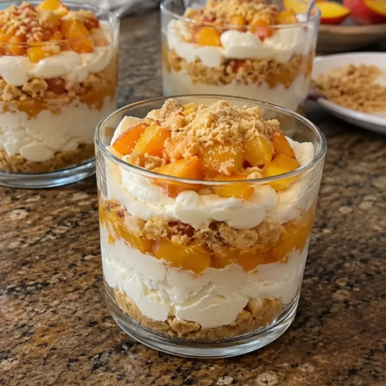 Bicchieri di panna e pesca con crumble croccante