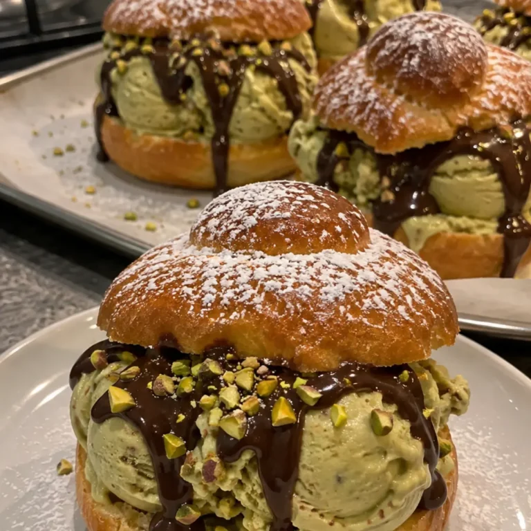 Brioche gelato al pistacchio con colata di cioccolato