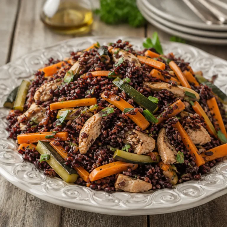 Insalata di riso venere con pollo e verdure alla salsa di soia