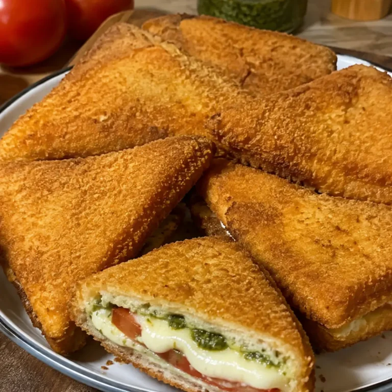 Tramezzini fritti con mozzarella, pesto e pomodoro